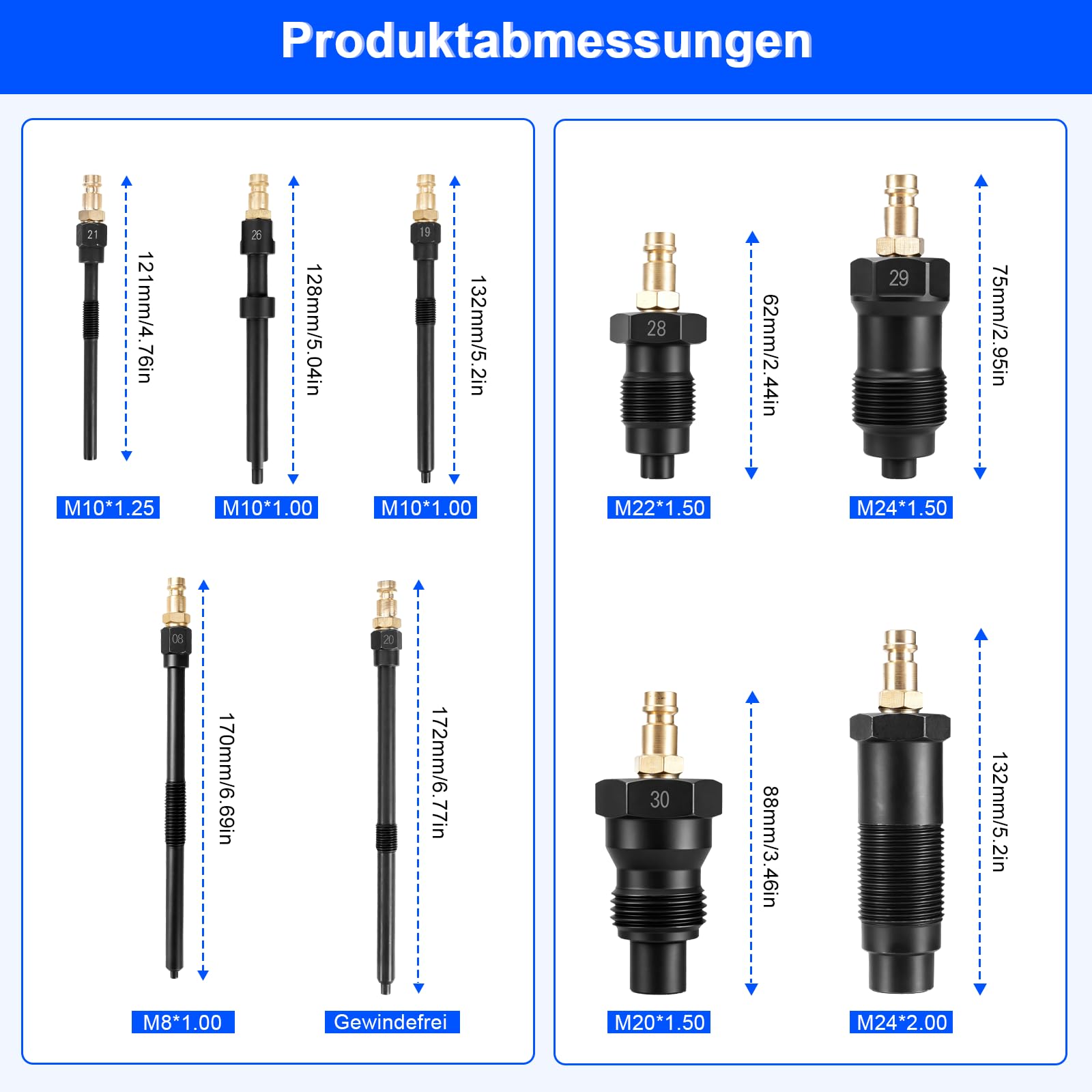 Tester di compressione professionale, 46 pezzi, 0-50 bar (0-725 Psi) per HDI, TDCi, tester di pressione di compressione diesel e motori a benzina, per auto, camion, moto, M8, M10, M12, M14, M20, M22
