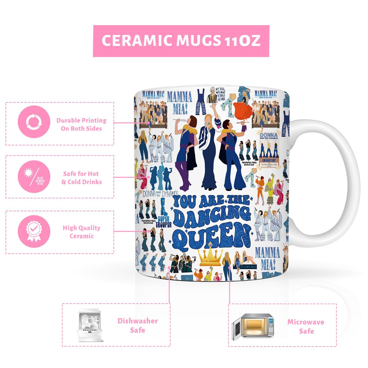 LONGXIN Mamma Mia Musik-Tasse, 11 oz, Zylinder, Porzellan, Geschenk fr Mamma Fans, Dancing Queen, Geschenk fr Familie, Freunde, Frauen, Musikliebhaber, Tanzfans, Teenager, Musikliebhaber