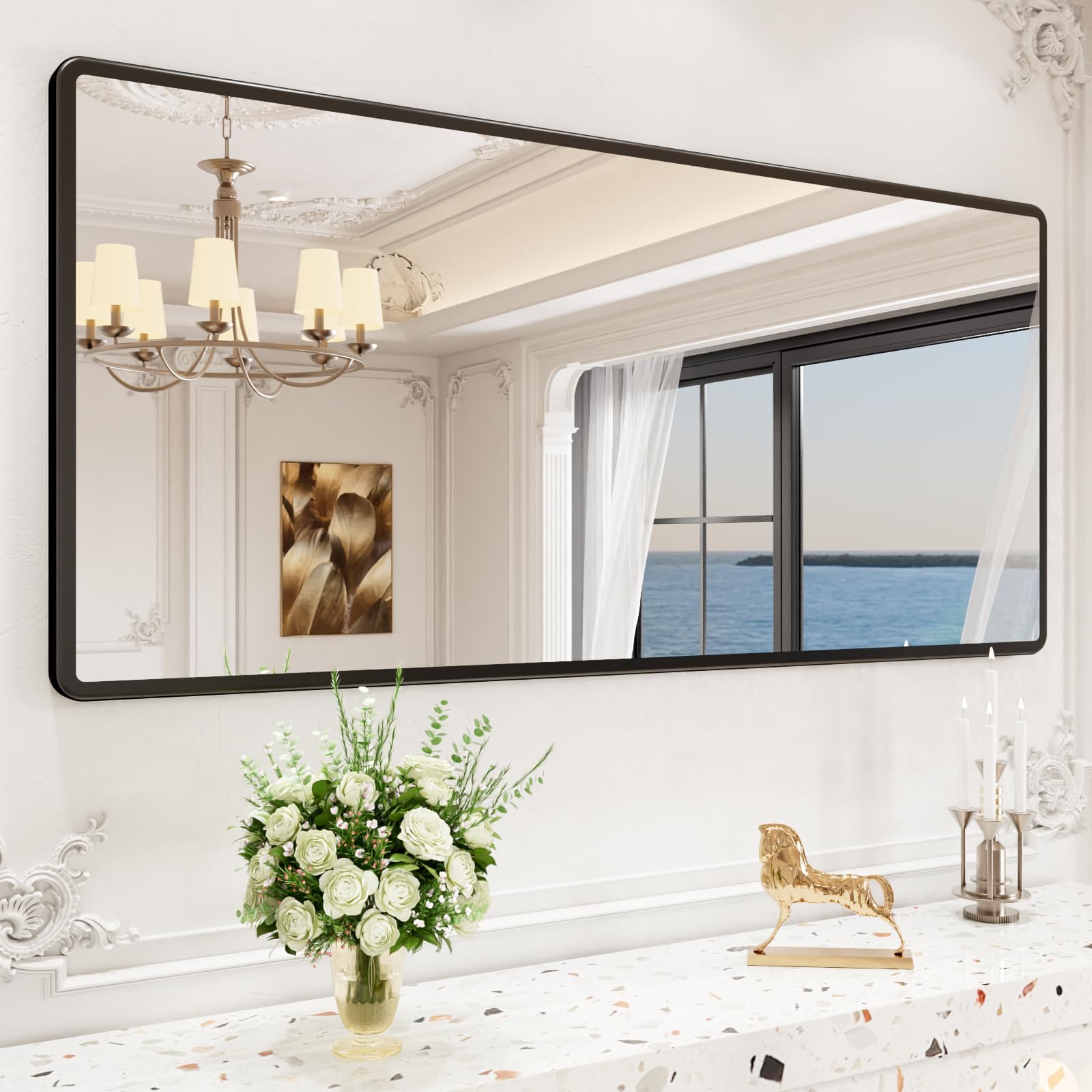pertetey New Upgrade Bathroom Mirror, 60X28 Inch Black Metal Frame Wall Mounted Rounded Rectangle Bathroom Vanity Mirror with Tempered Glass for Washroom Bedroom Living Room