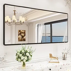 New Upgrade Bathroom Mirror, 60X28 Inch Black Metal Frame Wall Mounted Rounded Rectangle Bathroom Vanity Mirror with Tempered Glass for Washroom Bedroom Living Room
