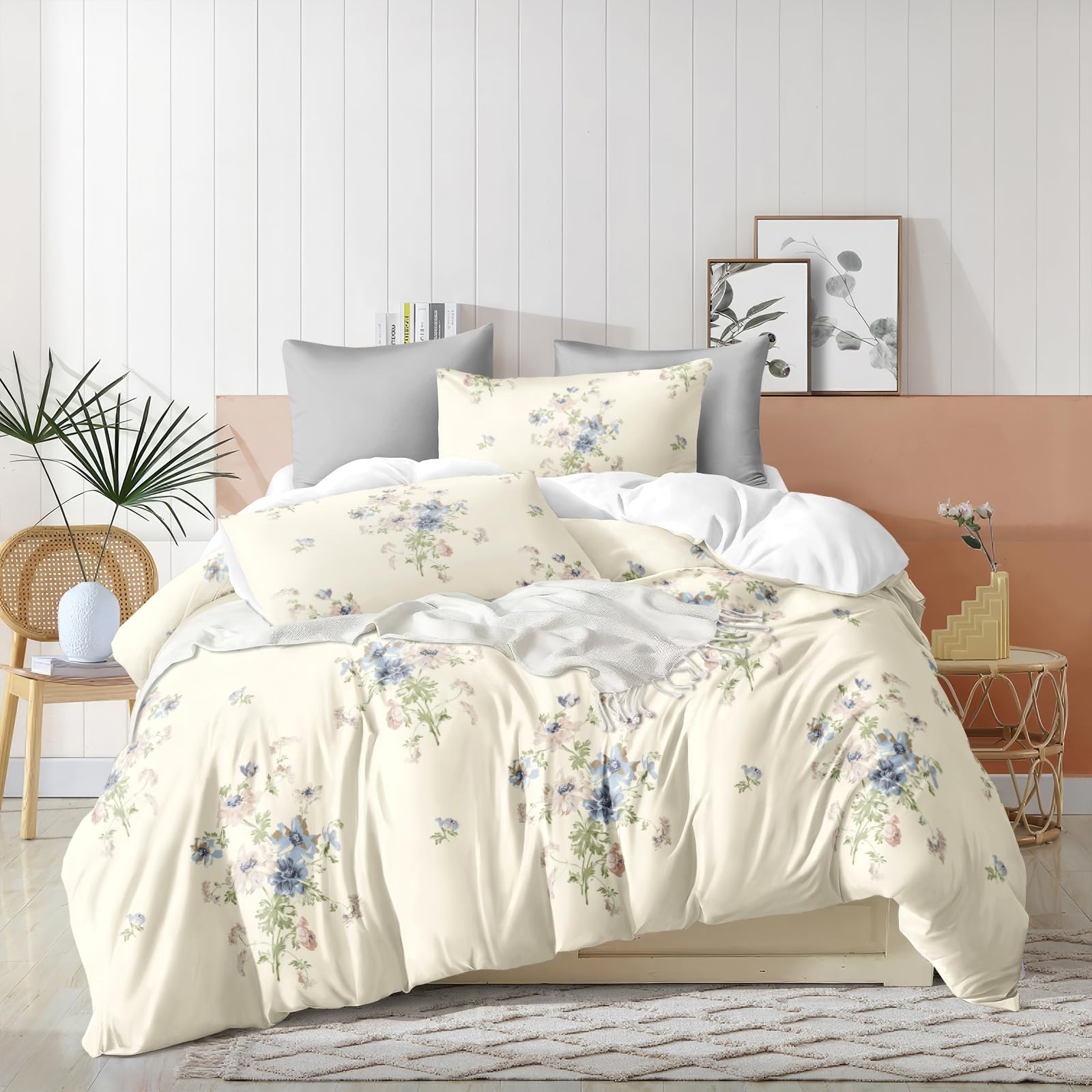 Herside Yellow Floral Duvet Cover Set King Flowers Bedding Luxury Flowers Printed Modern Microfibre Bedding Sets 1 Duvet Cover 2 Pillowcases (Yellow, King)