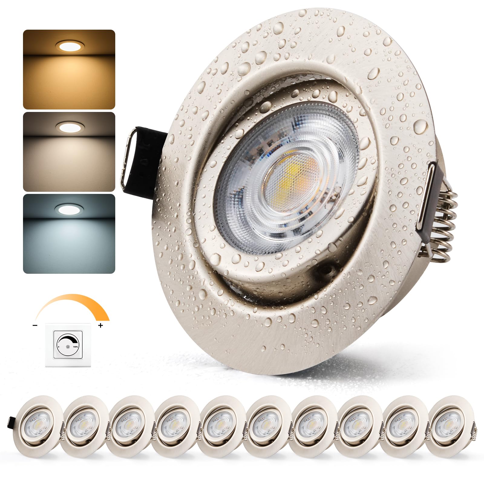 BOJIM LED Spots Deckenspots 230V 7W, Einbaustrahler dimmbar IP44, Metall Nickel 68mm Lochmaß, Warmweiß/Kaltweiß/Neutralweiß, für Bad Küche Wohnzimmer, 10er Set