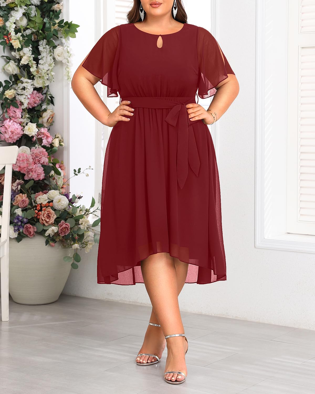 Plus Size Dresses Wedding Guest - Formal Cocktail Chiffon Keyhole Neck Short Sleeve High Low Dress Curvy Women - Image 4