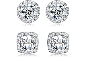 18K White Gold Plated Round Square Cubic Zirconia Simulated Diamond Halo Stud...