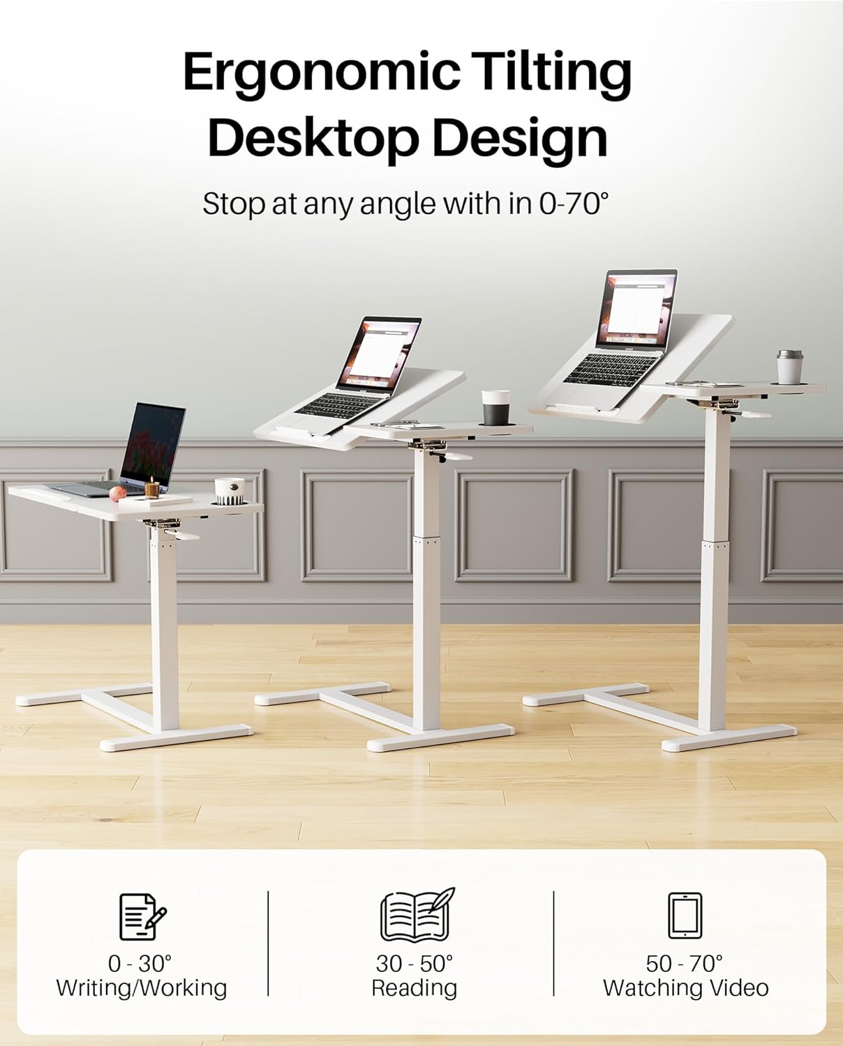 Foldable Overbed Table with Wheels, Pneumatic Height Adjustable Overbed Bedside Table, Tilting Desktop Mobile Standing Desk, Rolling Laptop Desk for Bed, Sofa, or Hospital Use (White)