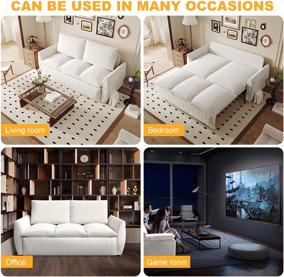 Convertible Sleeper Sofa Bed, 70.9” Big Full Size Futon Sofa with 2 in 1 Pillow and Blanket, Comfy Velvet Pull Out Couch, Modern 3 Seat Sleeper Couches for Living Room, Small Space, Beige