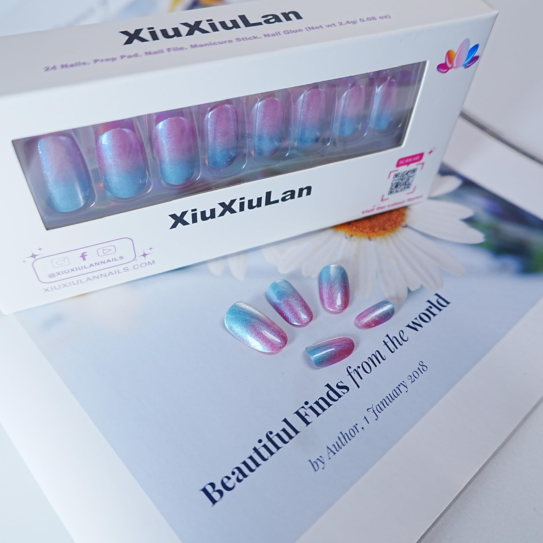 Aurora gradient blue and pink oval press-on nails 24pcs 12 size false nails