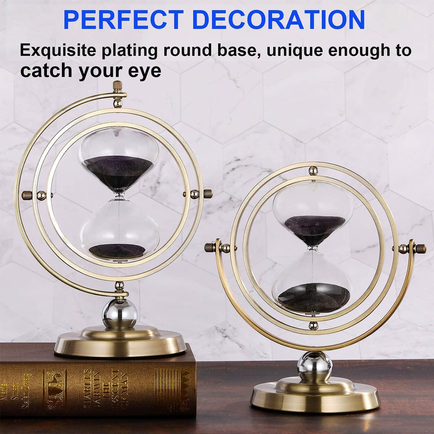 SuLiao 30 Minutes Hourglass Sand Timer: Antique Brass Black Sand Clock, Rotating Large Sand Watch 30 Min, Vintage Reloj De Arena, Metal Glass Sandglass for Home, Desk, Office Decor