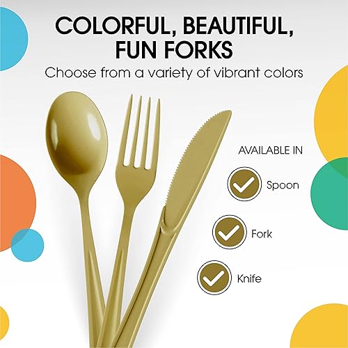 Miniatura 3 de Tenedores desechables de plástico dorado, 100 piezas, cubiertos desechables de plástico dorado resistente, cubiertos desechables dorados, cubiertos