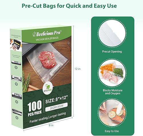 Miniatura 7 de Beelicious Pro Bolsas selladoras al vacío precortadas para almacenamiento de alimentos, 100 unidades de 8 x 12 pulgadas con bolsas de sellado al