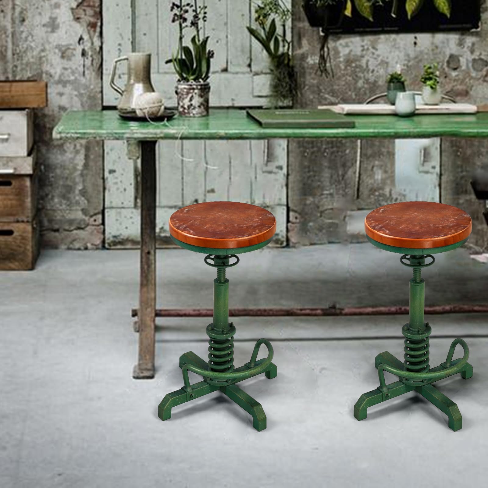 Industrial Retro Vintage Farm Asiento de madera Tractor Taburete Cocina Giratorio Altura Ajustable Taburete de bar Verde Antiguo 7