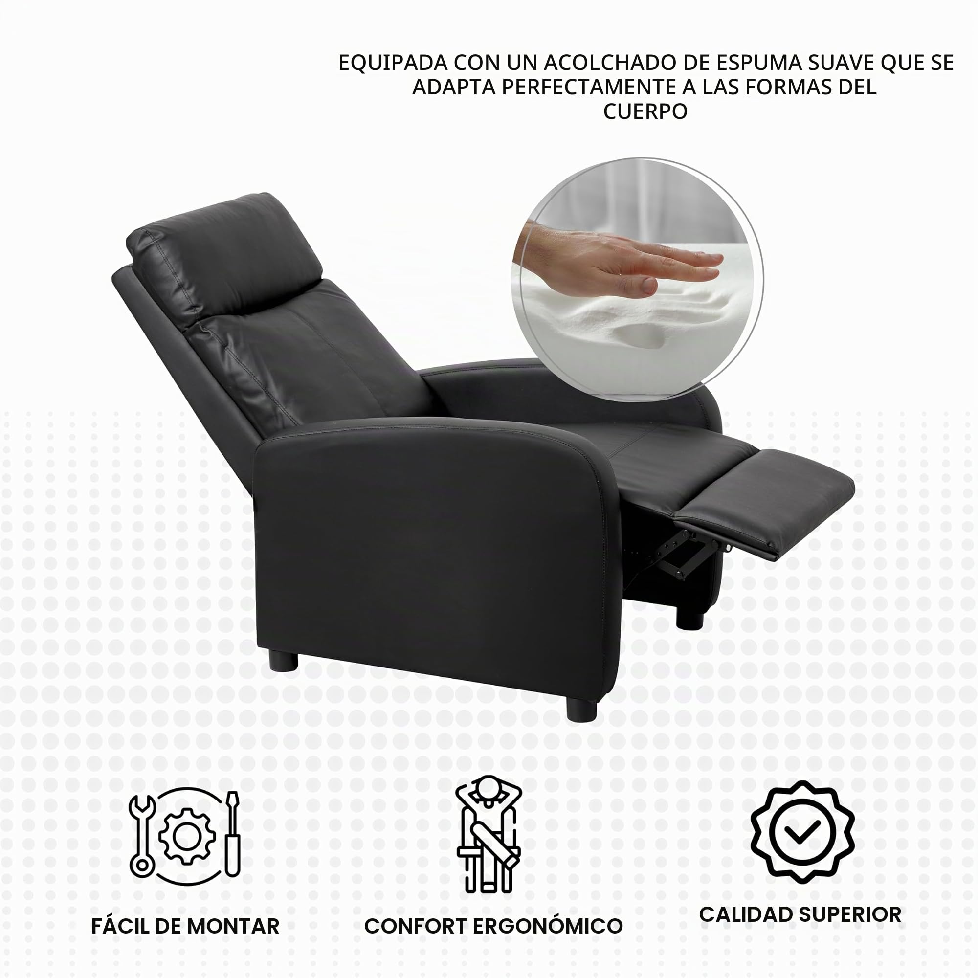 Baroni Home Sillón reclinable de Espuma Suave, con Respaldo reclinable, reposapiés, pies Antideslizantes, sillón reclinable Relajante, fácil de Montar, cómodo, Negro, 66x75x99 cm (Pusch-Back)