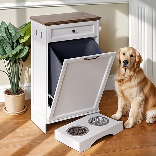 Tilt Out Trash Can Cabinet with Dog Bowl, 13 Gallons Dog Food Storage Cabinet, Hidden Trash Can Cabinet with Hideaway Drawer for Kitchen, Living Room (White, Single Door)