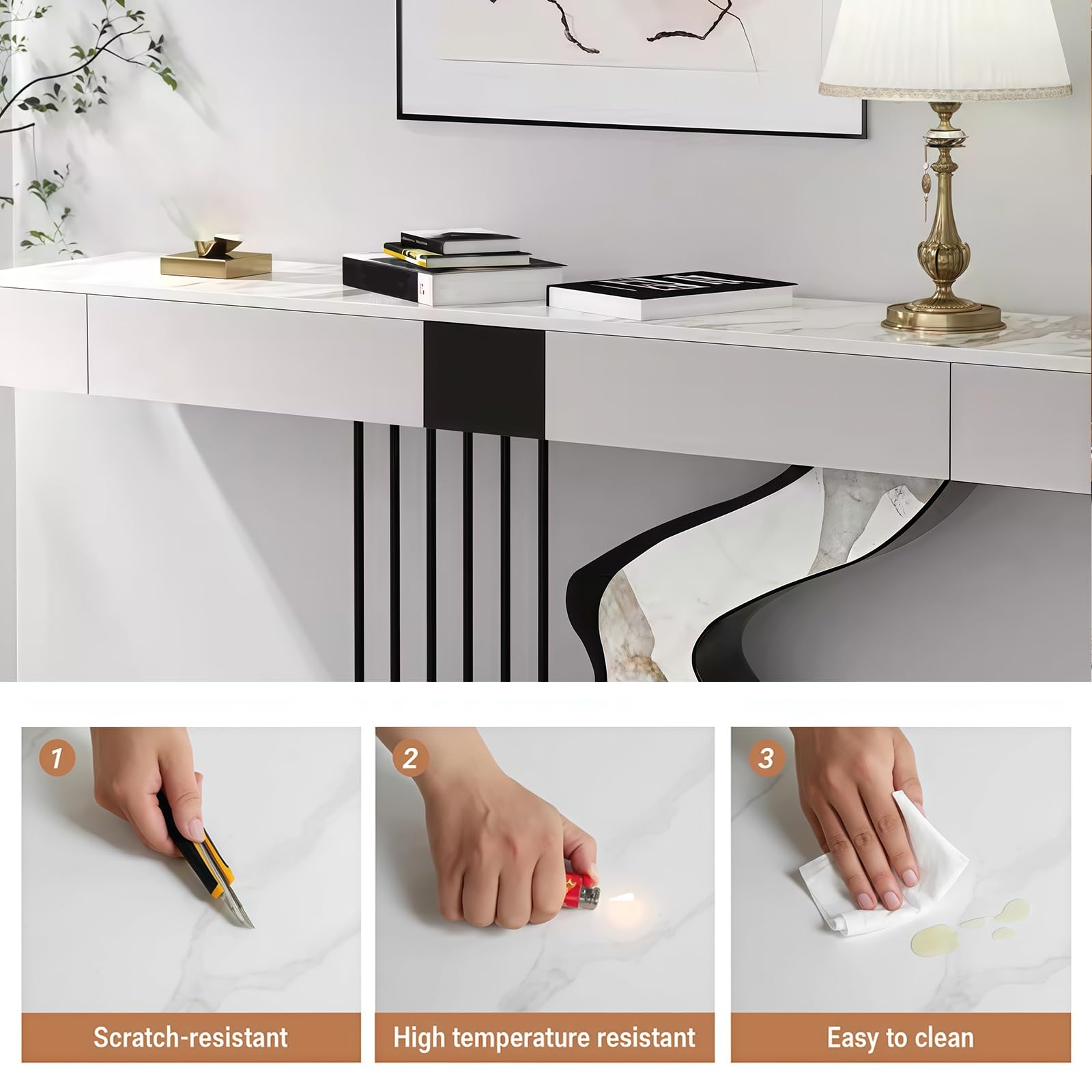 Tavolo consolle contemporaneo Half Moon con piano in ardesia nero/, Tavolo consolle stretto con piano in pietra decorativa lunga, con due cassetti portaoggetti, base decorativa in acciaio al carboni