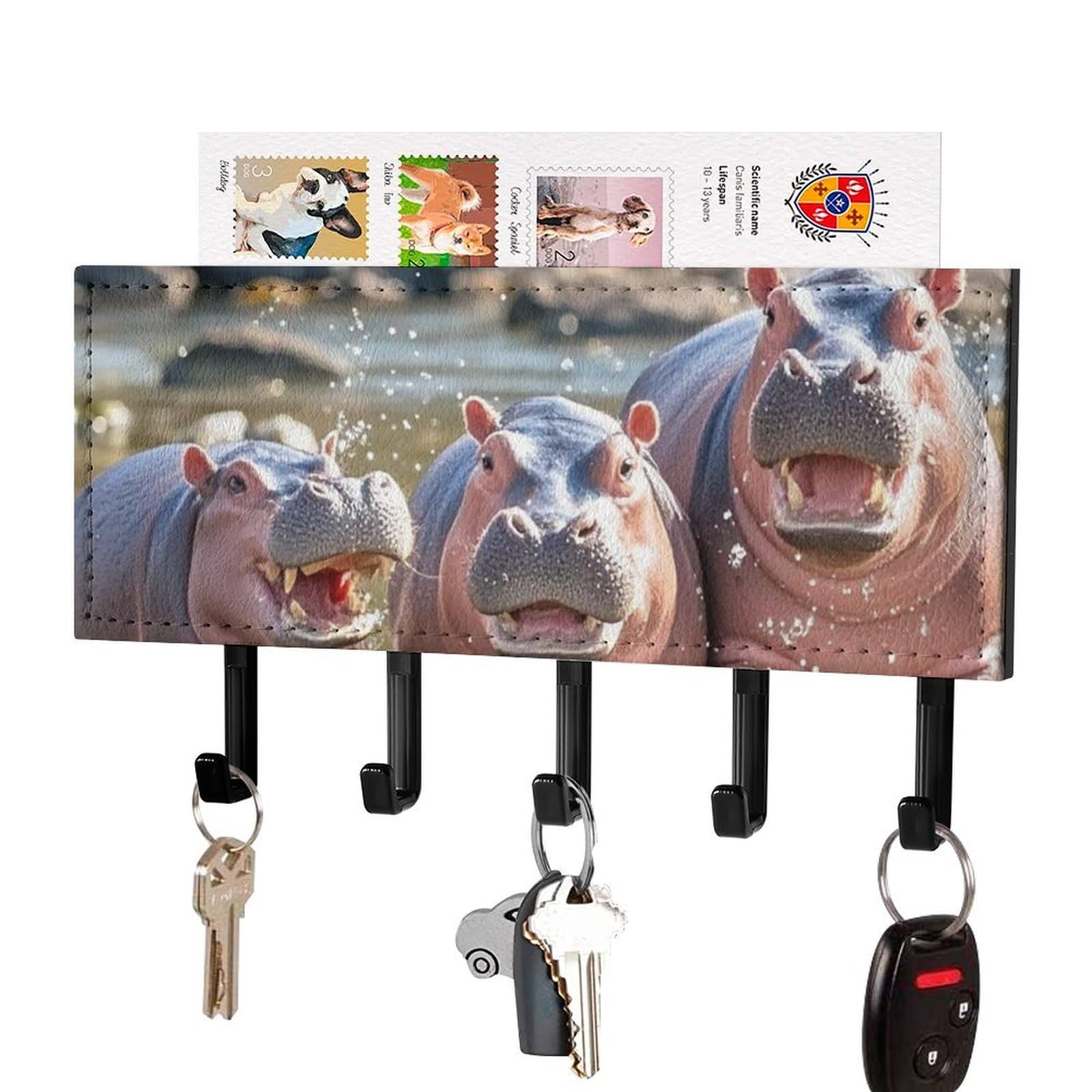 Fekiloot Black-Style Baby Hippos Key Holder Wall Mount Key Hanger With 5 Hooks Decorative Key Rack Hanging Key Hooks With Mail Organizer Key Holder For Wall Living Room Kitchen Bathroom Hallway Black