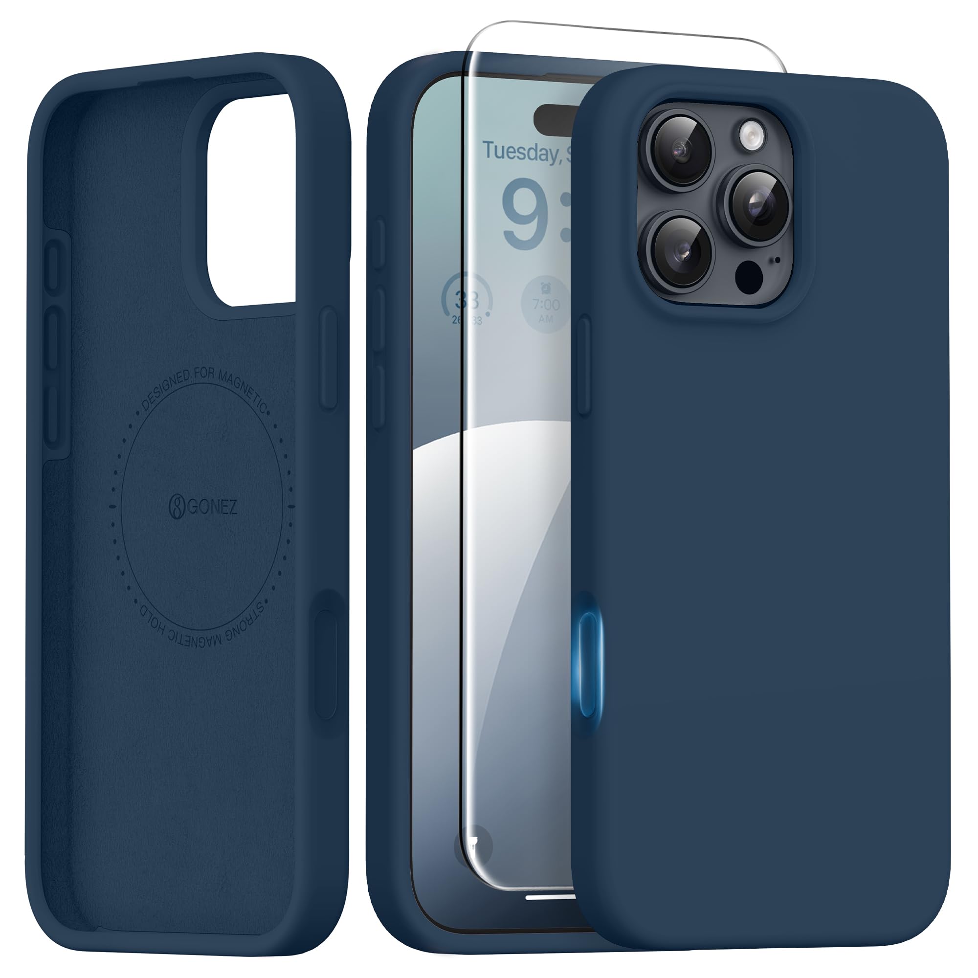 Photo 1 of GONEZ Magnetic for iPhone 16 Pro Max Case, [Compatible with MagSafe] Anti-Scratch Microfiber Lining & Screen Protector, Silicone Camera Control, Shockproof Slim Phone Cover 6.9 inch, Dark Blue