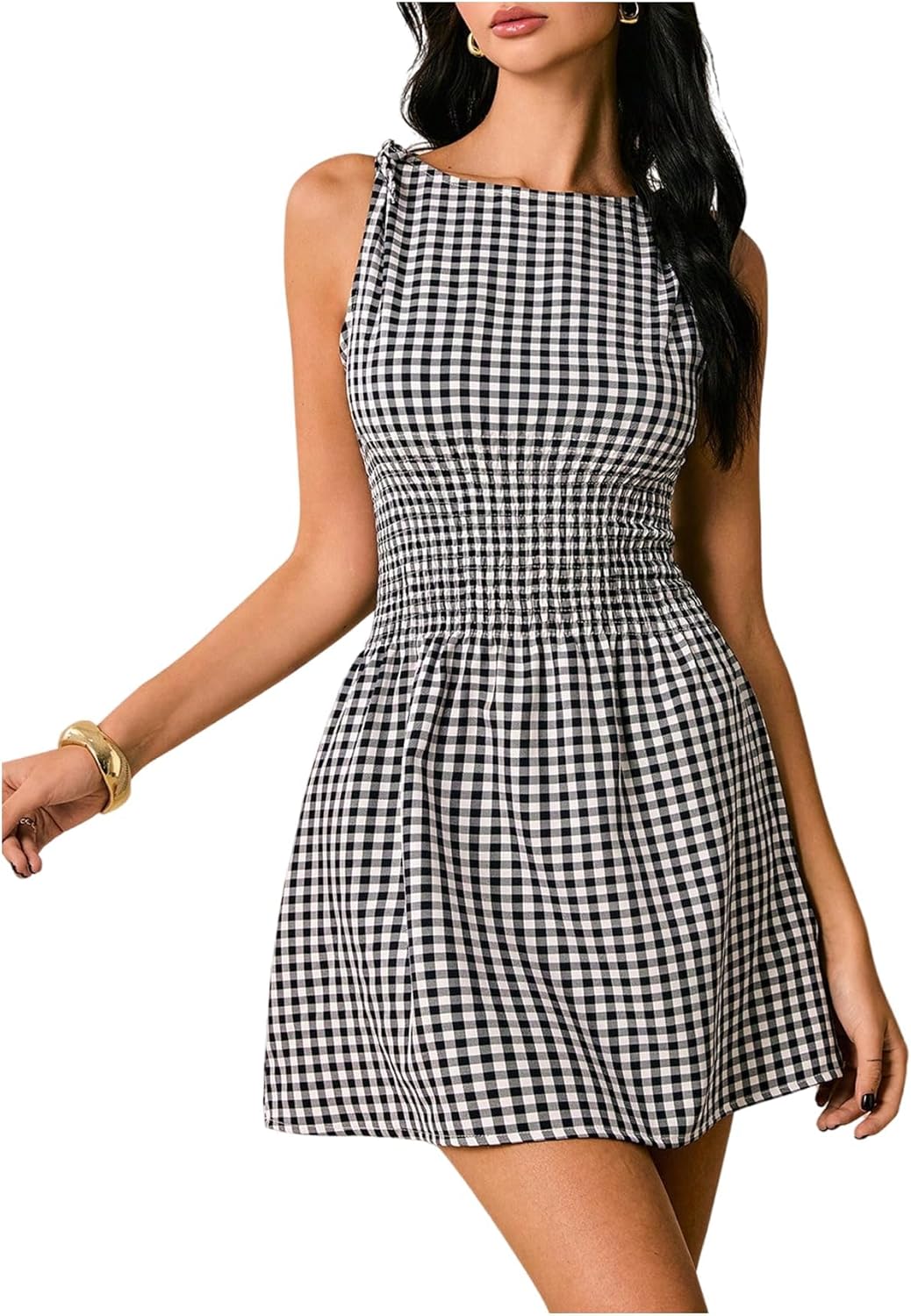 Floerns Women's Tie Shoulder A Line Gingham Dress Boat Neck Mini Checkered Elegant Dresses