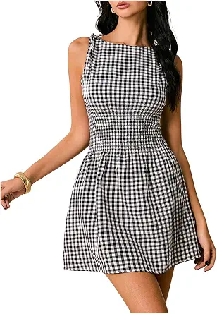 Floerns Women's Tie Shoulder Gingham Dress - Boat Neck Mini