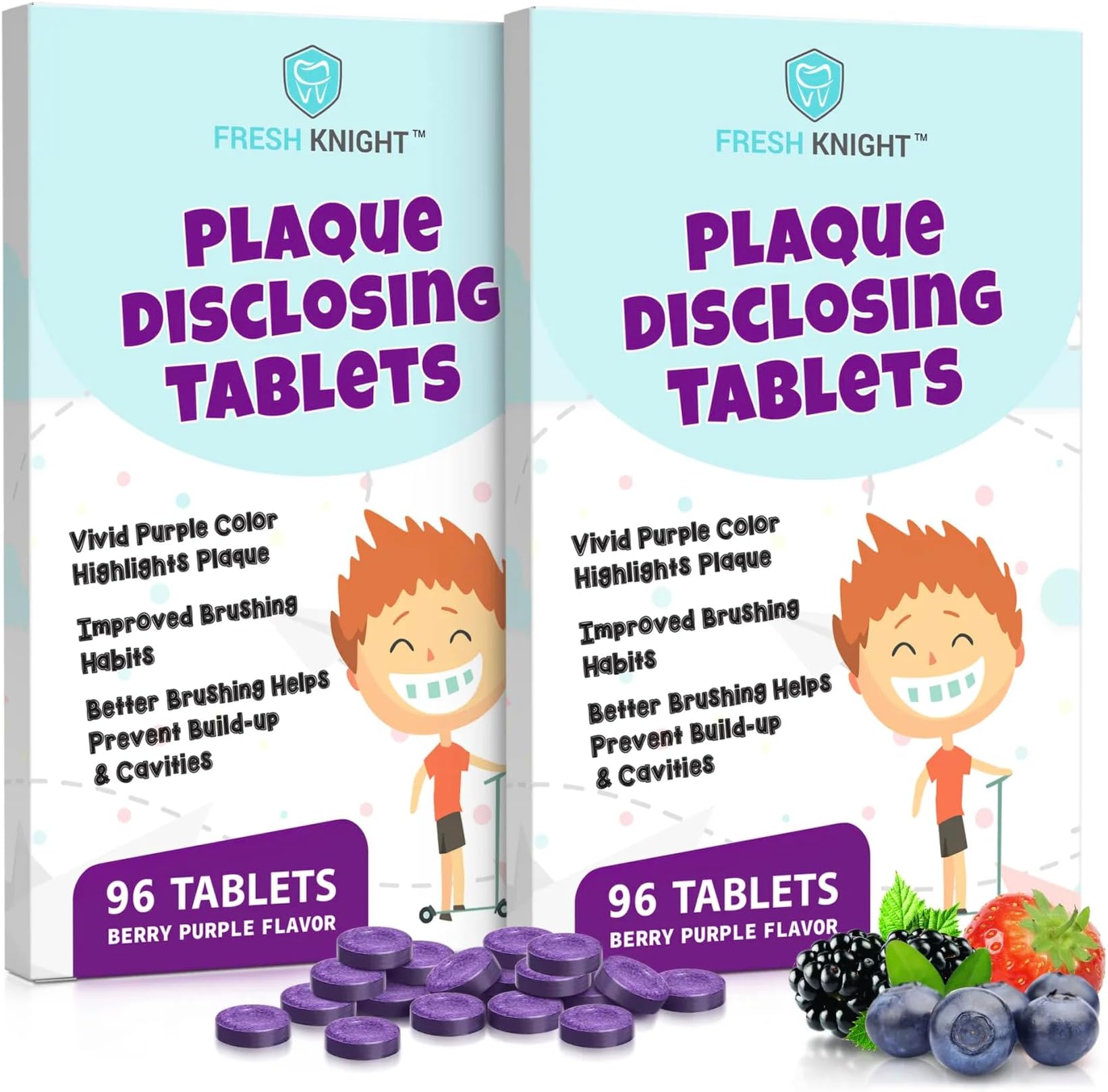 Plaque Disclosing Tablets for Teeth, 96 Count, Dental Disclosing Tablets for Kids or Adults, Shows Plaque, Helps Teach Kids Teeth-Brushing Habits for Clean Smile, by Fresh Knight, (Pack of 2)