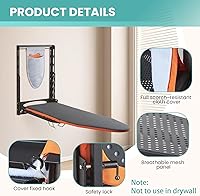 Vista 2 de Seiritex Tabla de planchar montada en la pared con soporte de hierro, 36 x 13 pulgadas, tabla de planchar plegable de montaje compacto para espacios