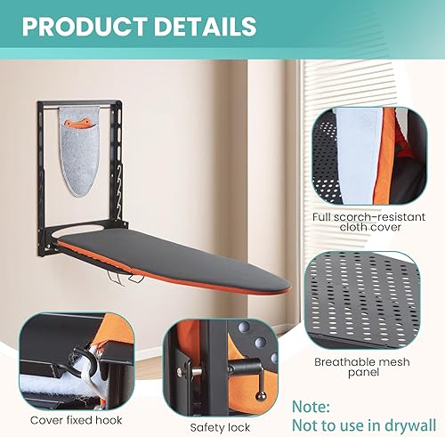 Miniatura 2 de Tabla de planchar montada en la pared con soporte de hierro, 36 x 13 pulgadas, tabla de planchar plegable de montaje compacto para espacios