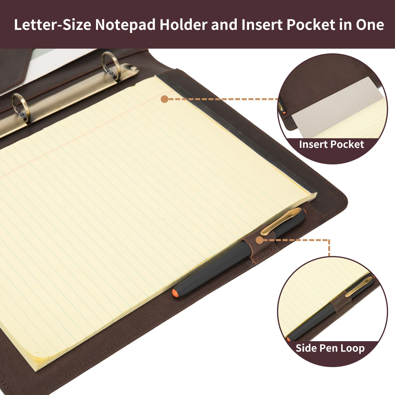 Raccoglitore a 3 anelli in vera pelle, formato lettera 21,5 x 28,5 cm, con portapenne, copertina morbida per quaderni, sottile, organizer per documenti, per riunioni di lavoro, dirigenti,