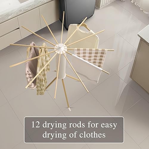 Miniatura 3 de LEQ Tendedero portátil, plegable, con 12 brazos de secado de madera, percha de pie redonda plegable y portátil para lavandería, balcón, dormitorio,