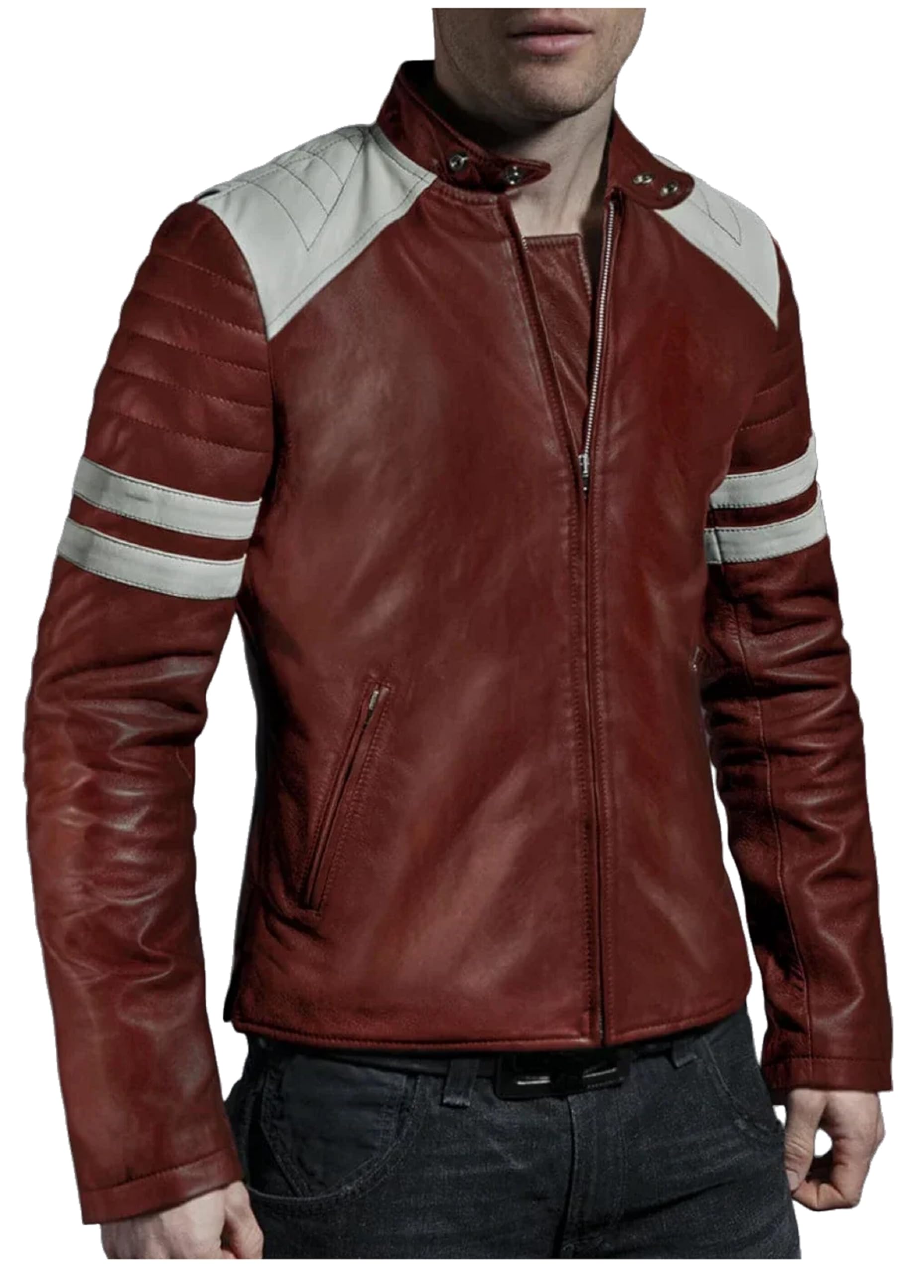 Chaqueta de motociclista de cuero rojo para hombre, estilo vintage, a rayas blancas, estilo retro, inspirada en la película