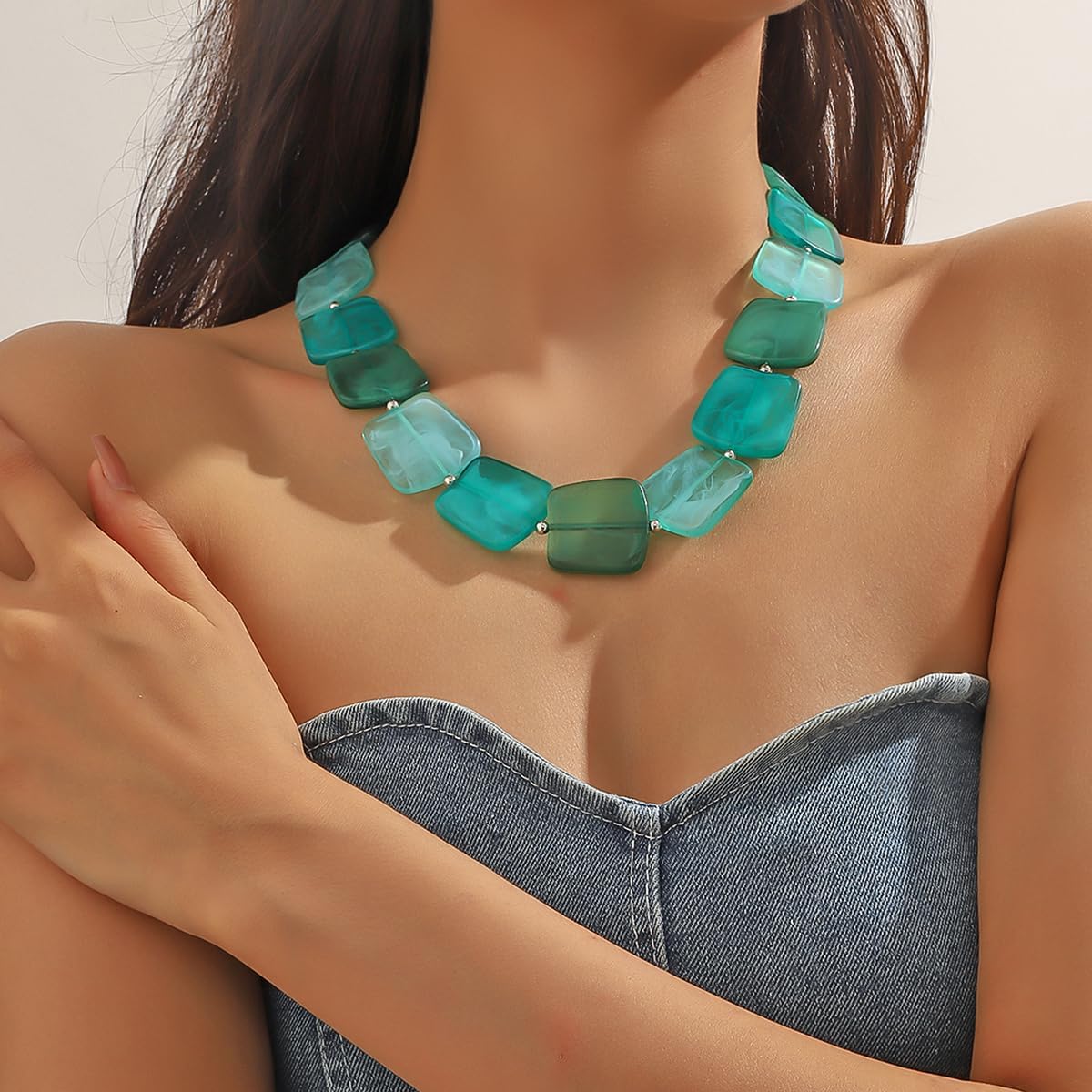 Geometric Choker Necklace for Women Colorful Chunky Square Round Shaped Beaded Necklace Boho Jewelry Holiday Party Accessories - Image 2