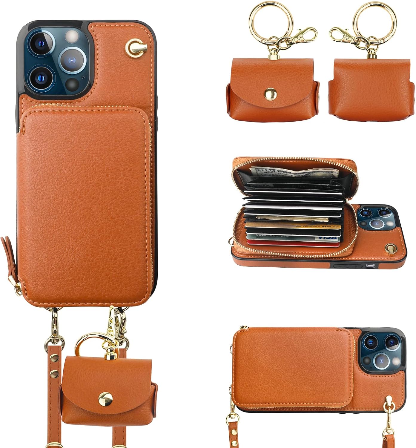 Bocasal A Multi Slots Crossbody Wallet Case for iPhone 13 Pro + A Slim Leather Case for AirPods Pro
