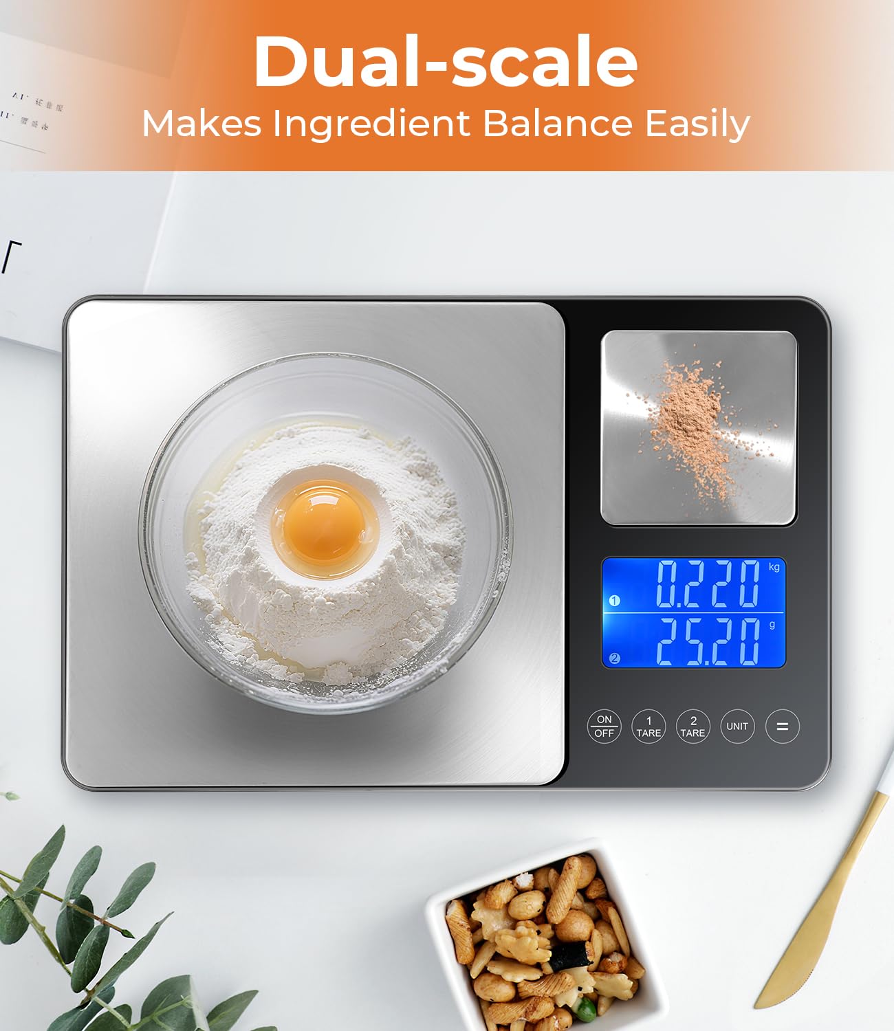 Balance de Cuisine Numérique à Double Plateforme, précision gramme, Rechargeable USB ou Piles, Inox, 7 Unités, Écran LCD – Idéale pour Pâtisserie, Café, Cuisine Maison