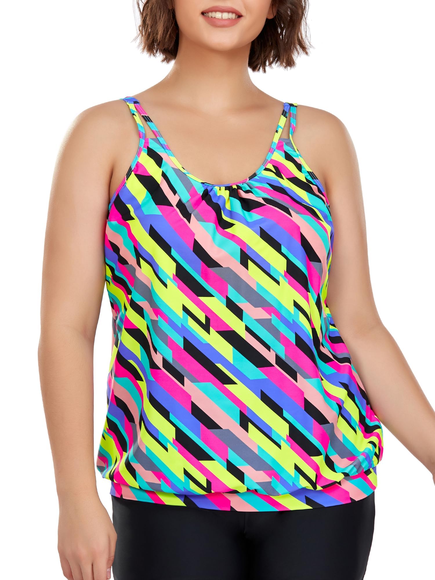Ocean Blues Damen Tankini Oberteil ohne Bügel Übergröße mit Verstellbaren Trägern und Blouson Lockere Passform Badebekleidung