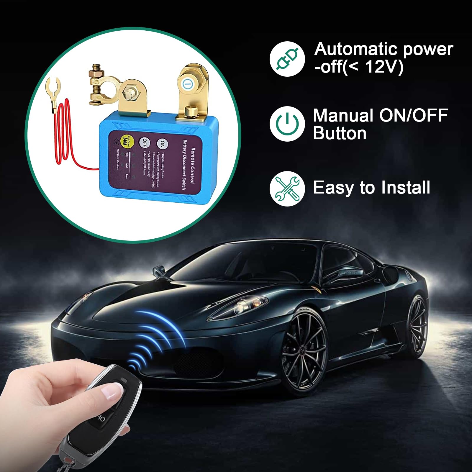 Stacca Batteria 12V per Auto con 2 Telecomando, 12V 240A Sezionatore Auto Remoto Senza Fili, Interruttore di Spegnimento Automatico per Auto, RV, ATV, Camion, Barca