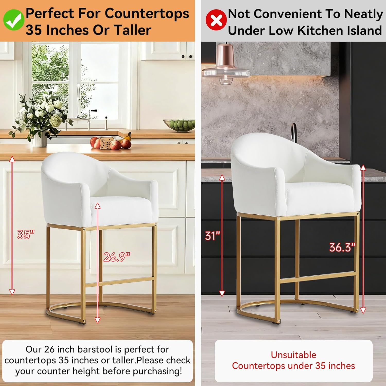 26" Modern Counter Height bar stools Set of 2 with Backs, upholstered Barrel Kitchen stools and Curved arms, Stylish bar Chairs for Island (White Fabric+Gold Metal)