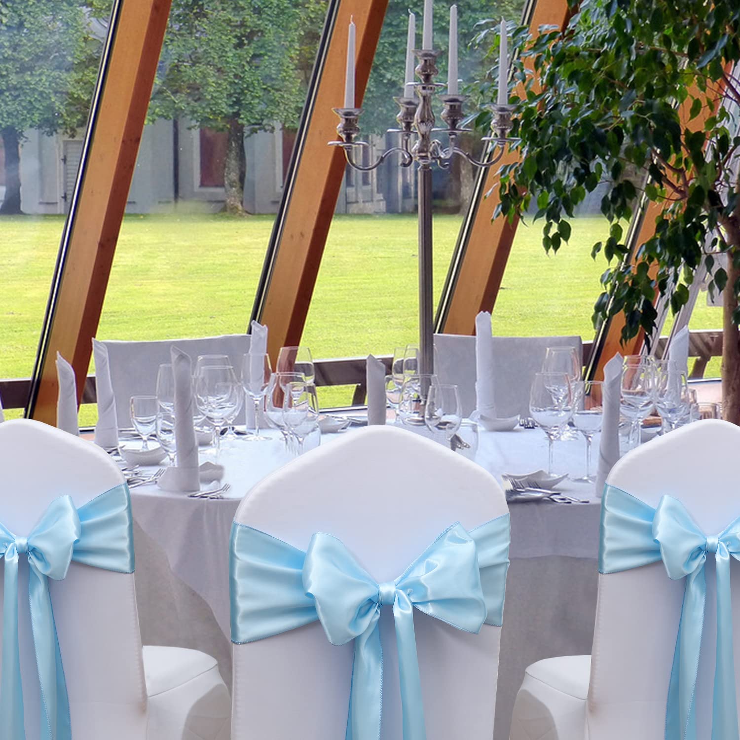 MAGTOWNE Satin Baby Blue Chair Sashes 50 Pack, Light Blue Sashes for Chair Covers, Blue Chair Sashes for Wedding Party, Baby Blue Sashes for Chairs Decor