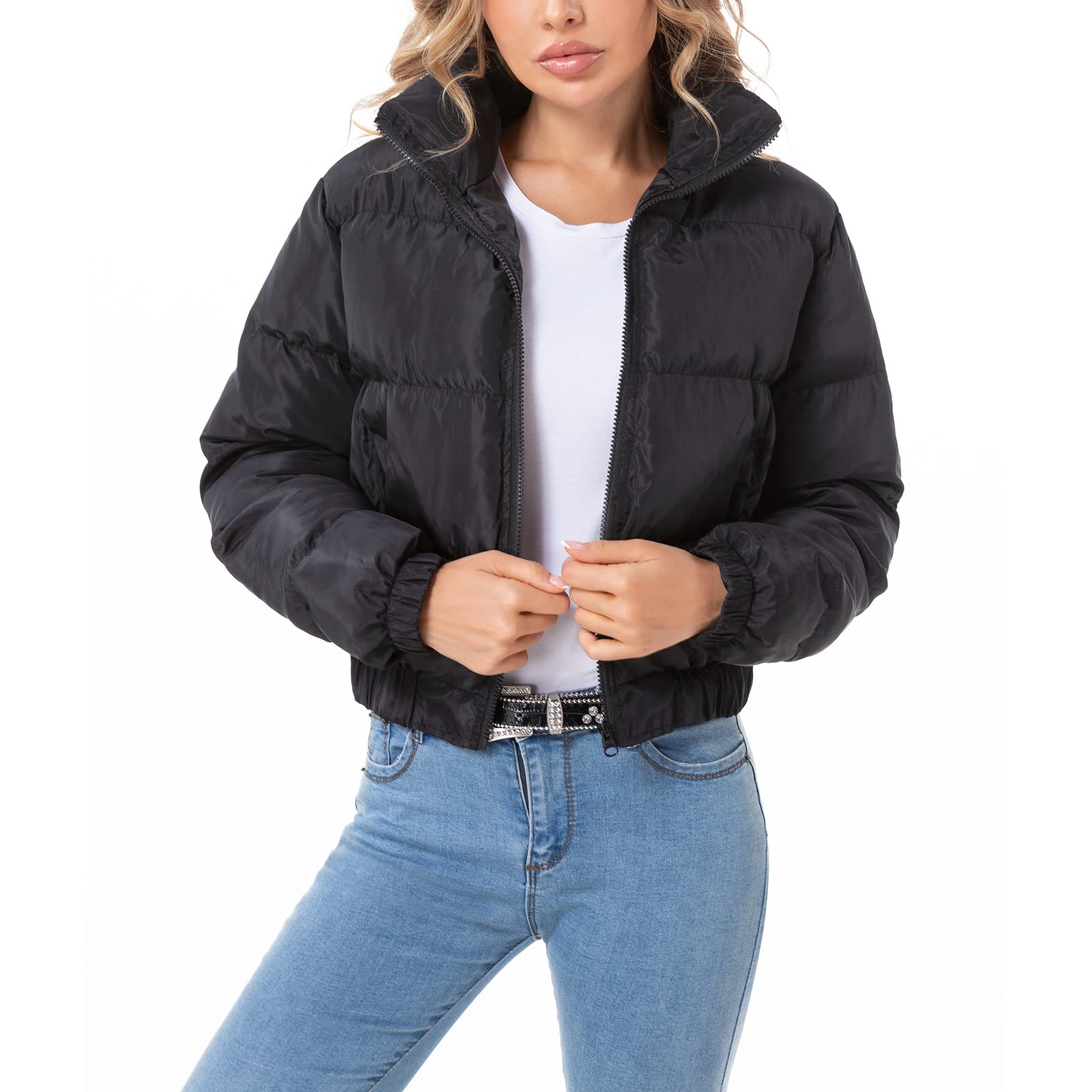 Puffer Jacket Womens Casual Long Sleeve Bomber Jacket Full Zip Padded Winter Coat
