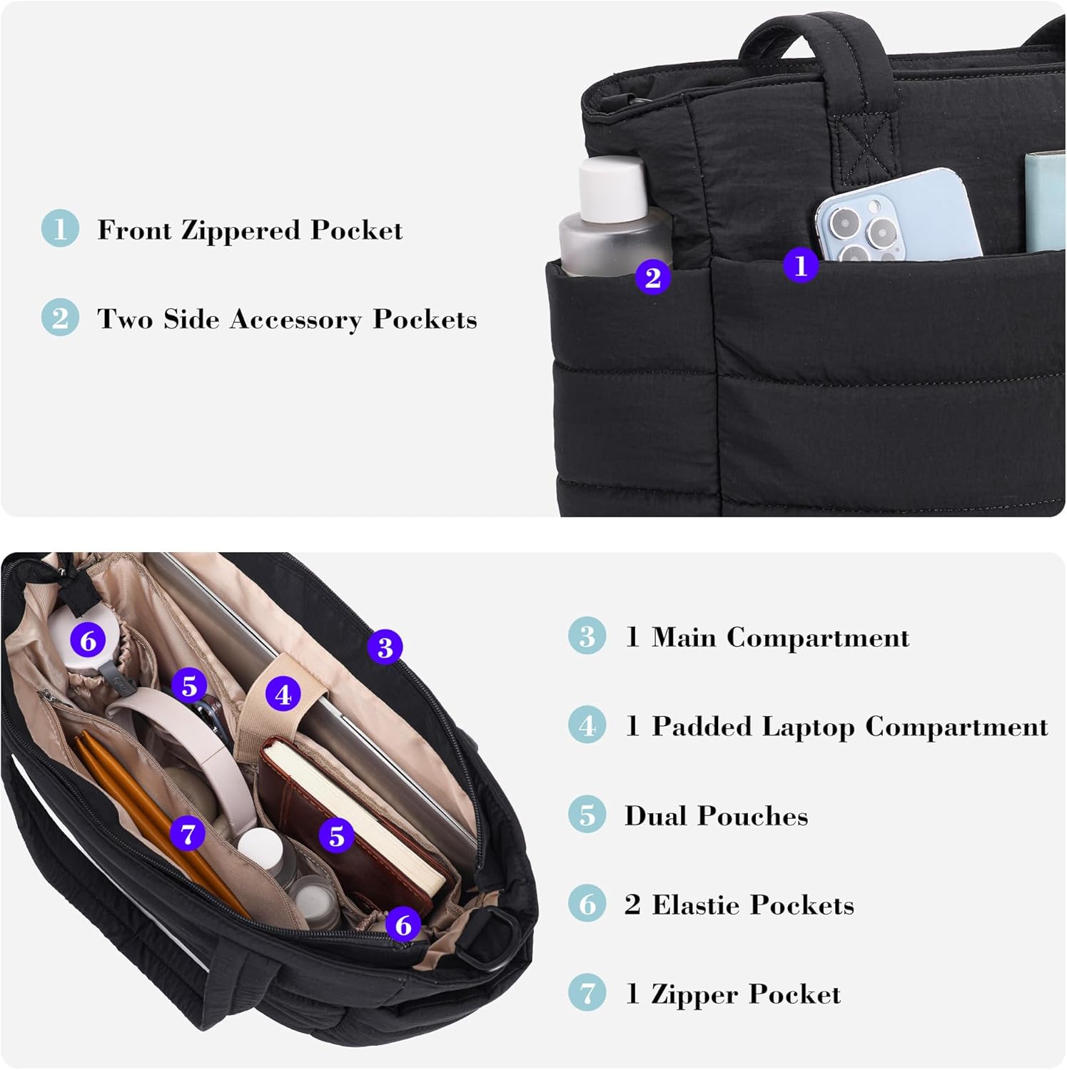 AOCINA Puffer Tote Bag for Women Work Nurse Bags Laptop Purse Lightweight Quilted Crossbody Shoulder Handbags Travel School - Image 3