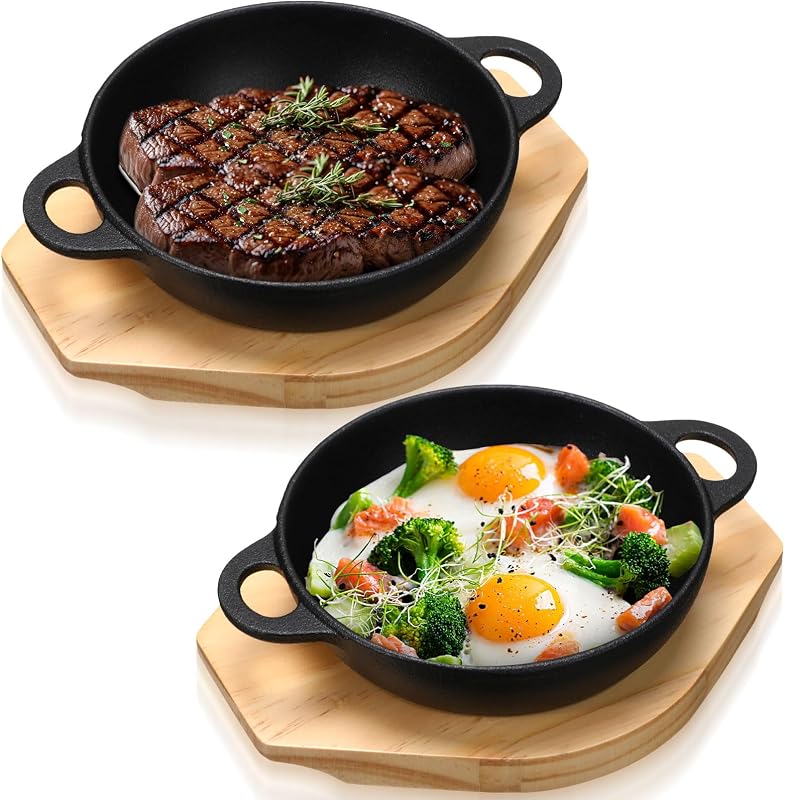 Jingmore 2 Sets 6.1 Inch Cast Iron Skillet with Wooden Base Dual Handle | Round Mini Pan, Small Skillets for Hot Serving, Steak Fajita Casserole Dishes, Wooden Base Protects Table, Kitchen Picnic