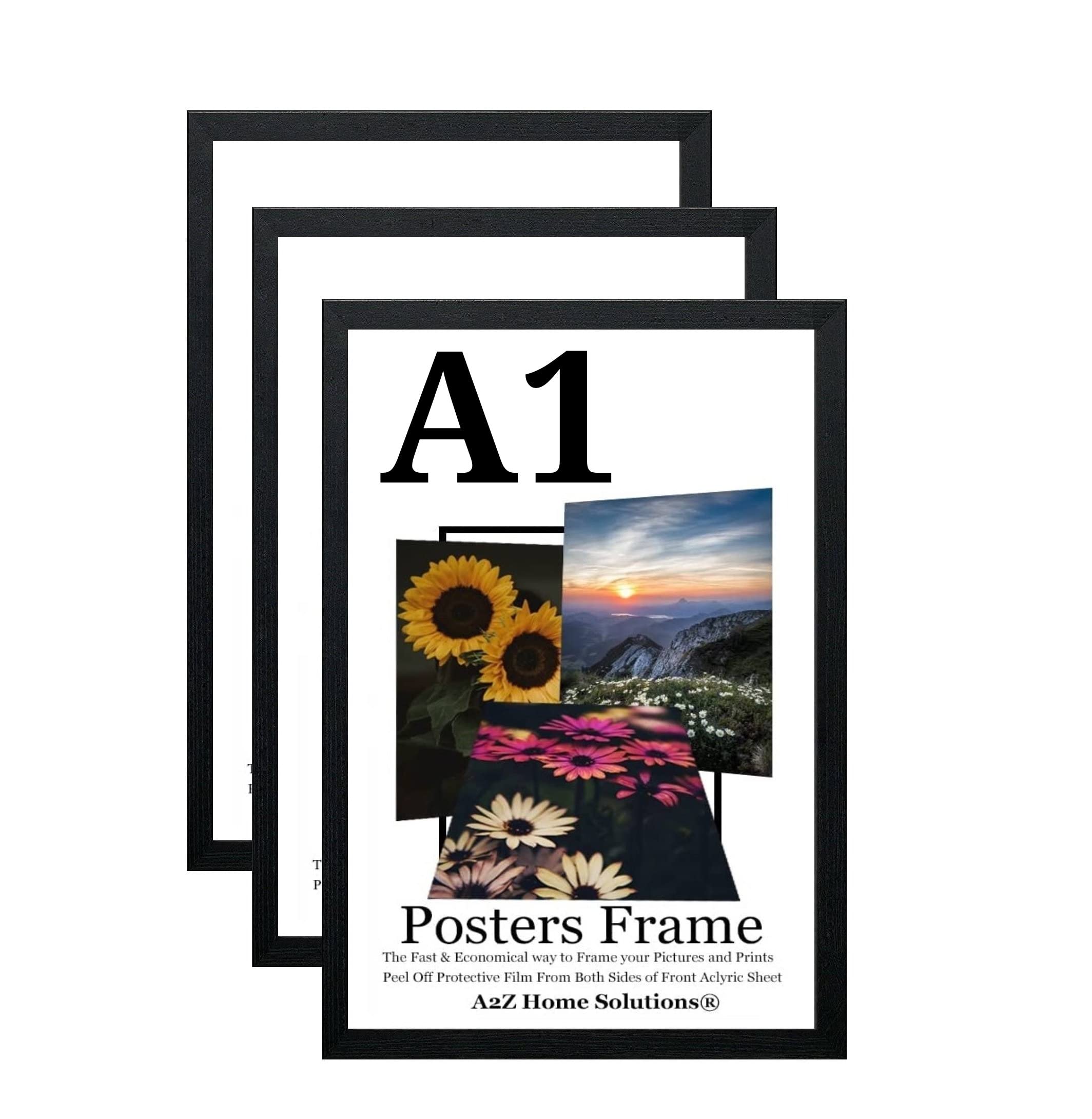 A2Z Home Solutions® Multipack Black A1 Poster Frames 59.4 x 84.1 cm With Safe Clear Perspex Front & Wall Mounting A1 Frames In Multiple Colors MDF Backboard Portrait or Landscape (3)