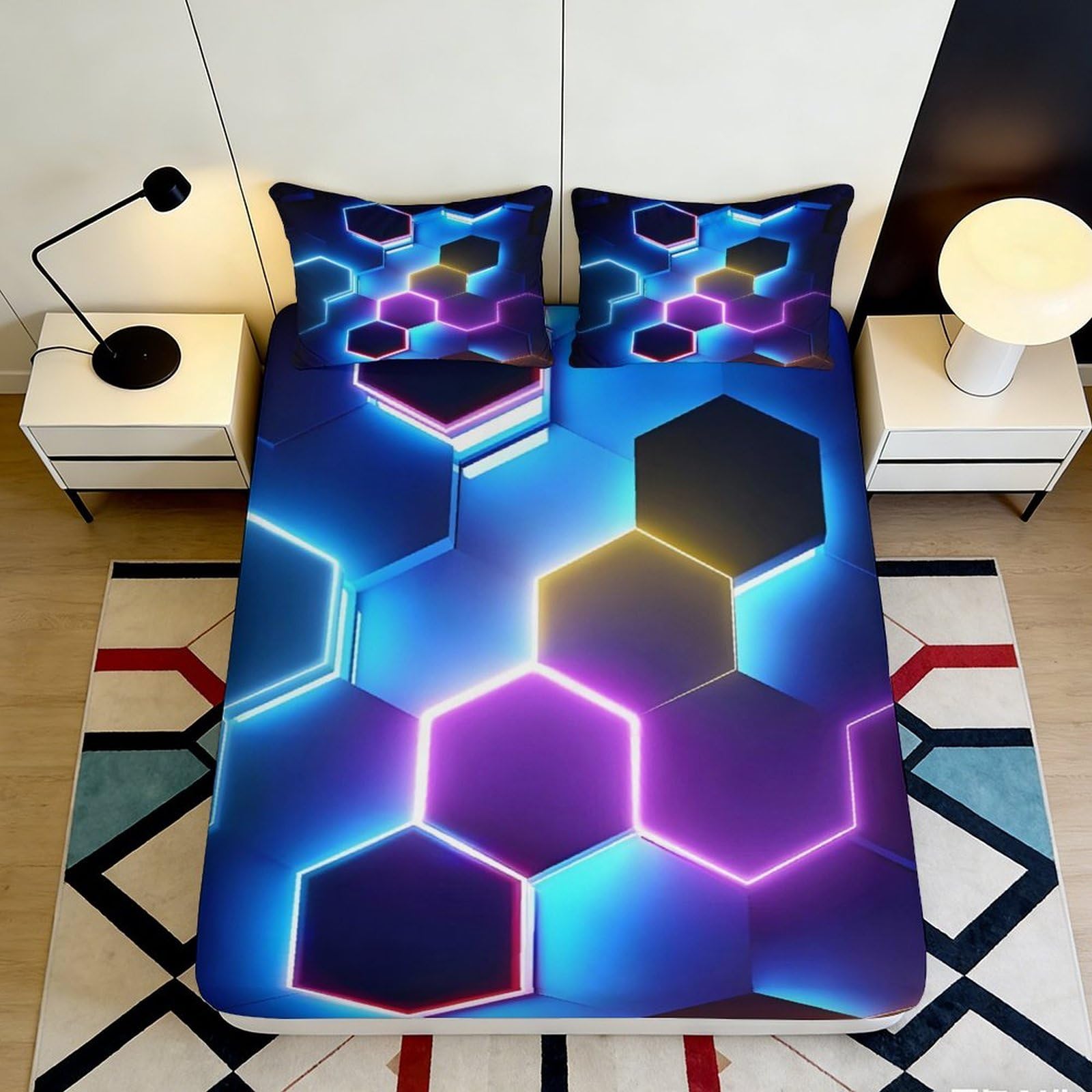 3D Printed Neon Hexagon Fitted Sheet Microfiber Soft Bedroom Decor Futuristic Geometric Bed Cover for Home Guest Room 90x200x25cm