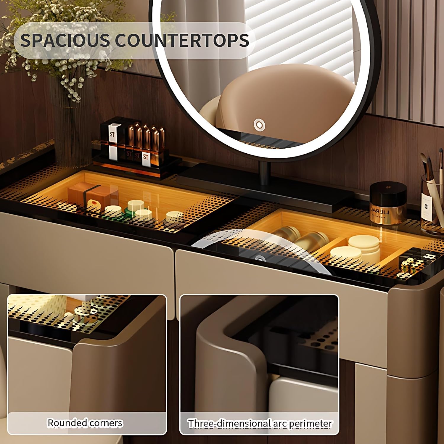 Luxury Vanity Table with Drawers - Fashion Vanity Set | Includes LED Smart Mood Light & Chair | Solid Wood Bedroom Vanity | Luxury Fashion Design. (B1, 48")