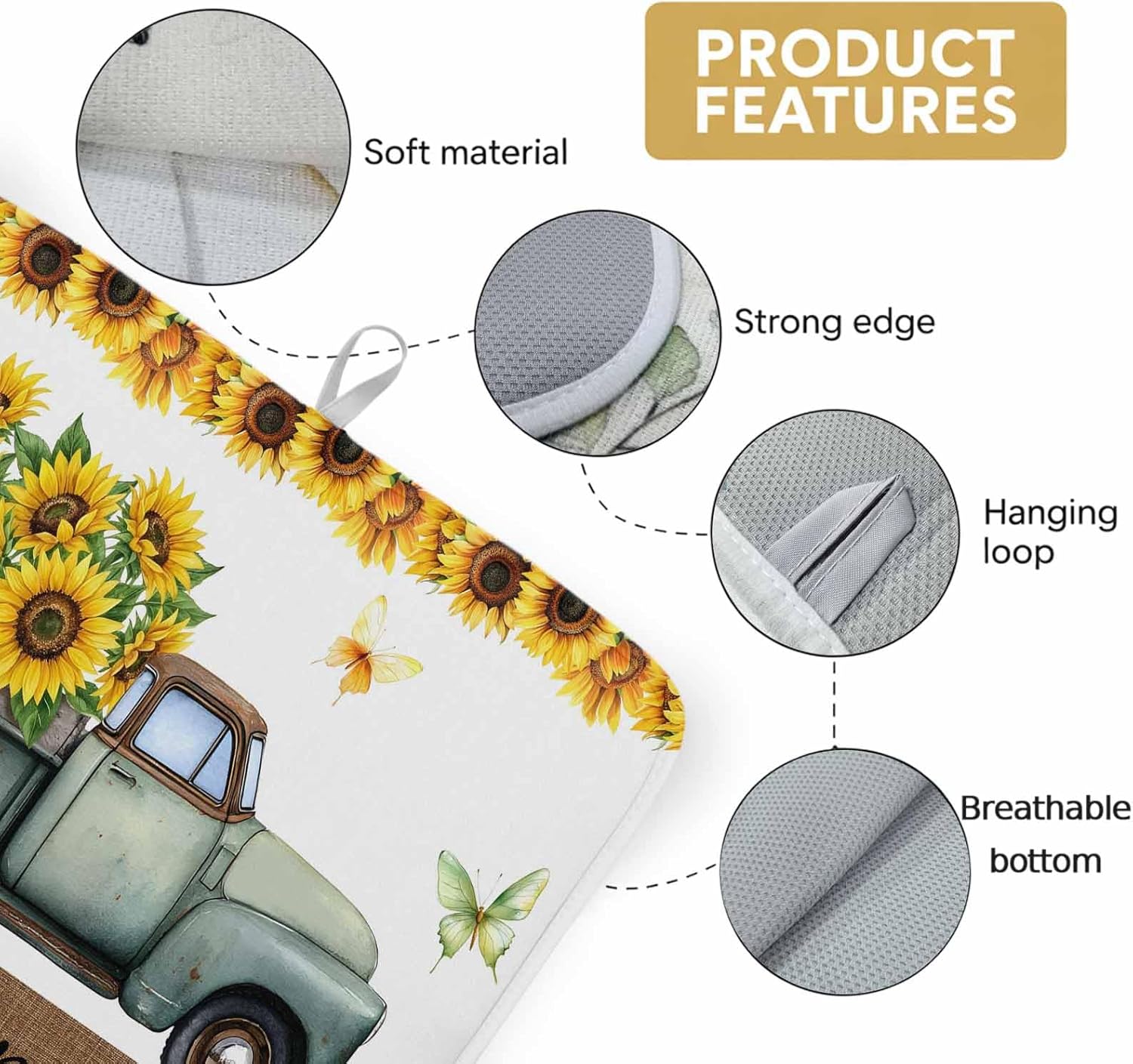 Sunflowers Truck Dish Drying Mat for Kitchen Counter, Microfiber Dishes Drainer Mat Rack Pad, Country Botanical Blooms Floral Butterfly Absorbent Dish Bottle Drying Mats, 18"x24", 2 Pack