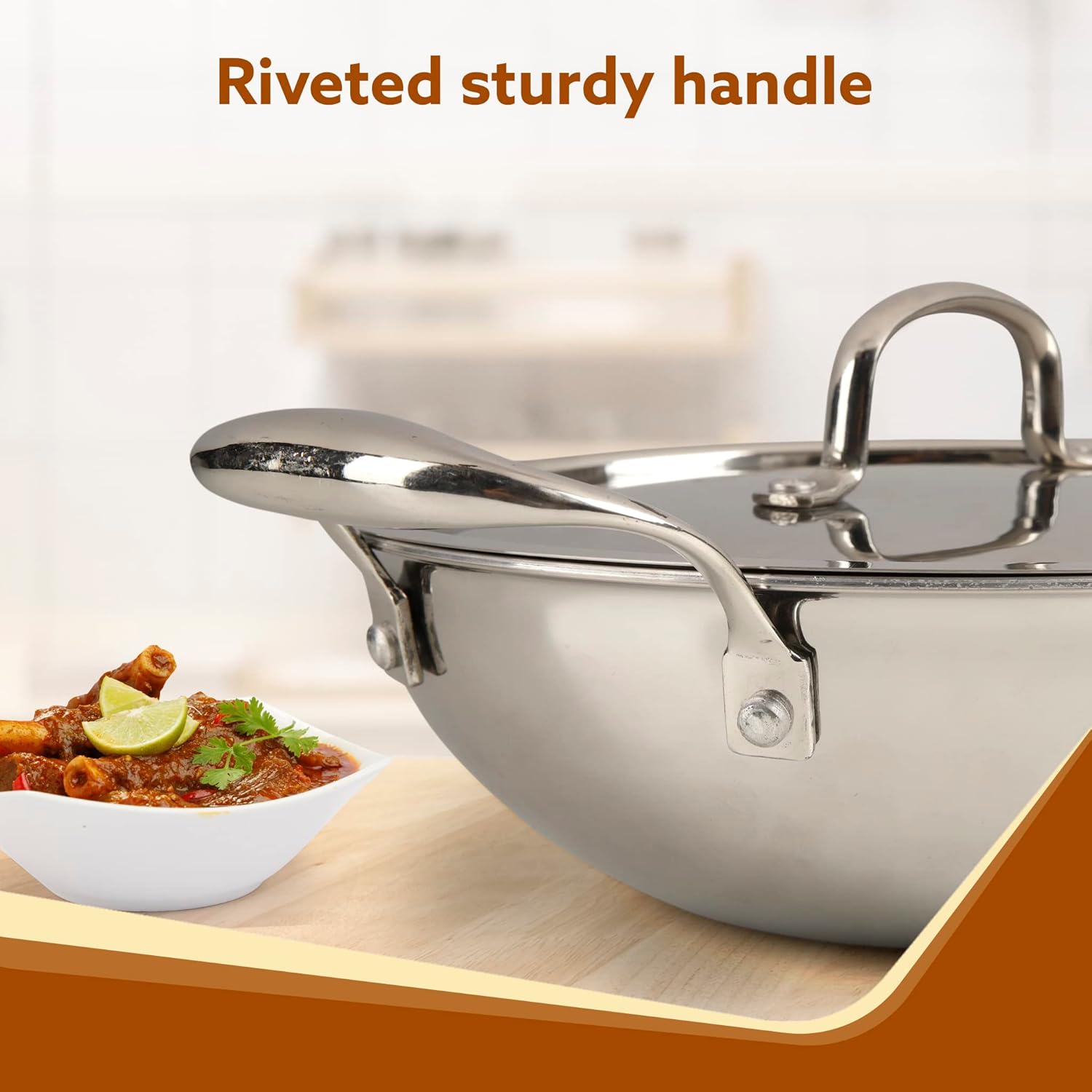 AGARO Regency Tri-Ply Steel Kadai, 2.25L Capacity, 24 cm Diameter, Stainless Steel, Riveted Handle, Food Safe, Gas Oven and Induction Oven Compatible, Cooking, Frying, Serving, Silver