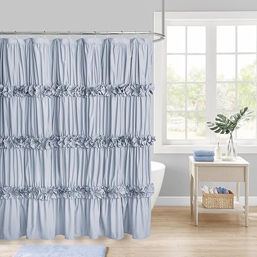 Fog Blue Ruffle Shower Curtain 72“ W x 84” H, Vintage Handcrafted Bow Tie Bath Curtain for Master Bathroom, Ruched Microfiber Bathroom Curtain with 12 Buttonholes (LQ-10)