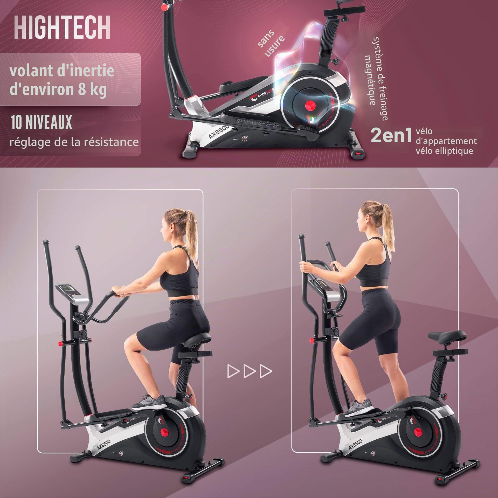 Christopeit Sport AX 6500 Vélo hybride 2 en 1 – 10 niveaux de résistance, avec système de freinage magnétique, poids jusqu'à 150 kg