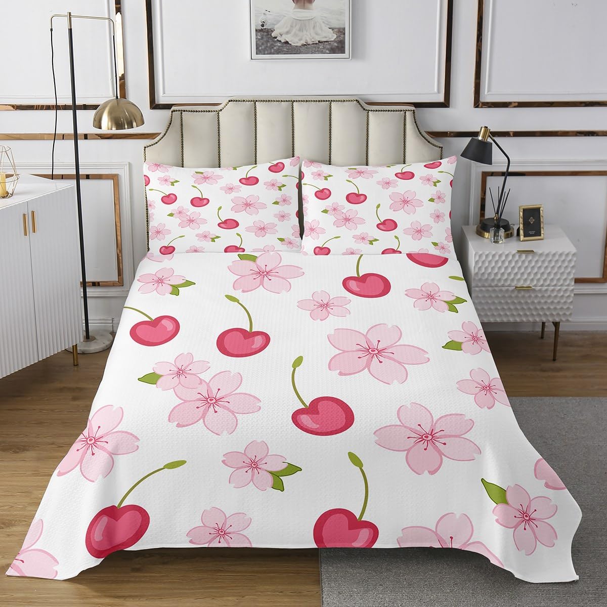 jejeloiu Kids Cherry Coverlet Set Queen Size, Pink Cherry Bedspread Kawaii Floral Quilted Coverlet for Boys Girls Girls Princess Quilted 3Pcs