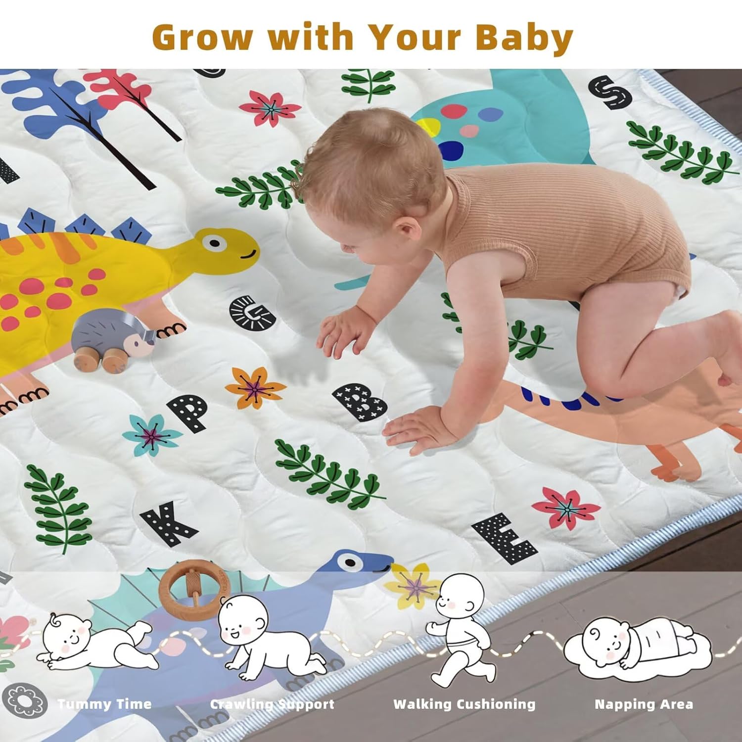 Baby Play Mat, 47x47 Play Mat for Playpen, Non-Slip Baby Mat for Floor, Thicken One-Piece Crawling Mat Cushioned Baby Playmats for Infants, Babies, Toddlers, Play & Tummy Time (Dinosaur, 47x47)
