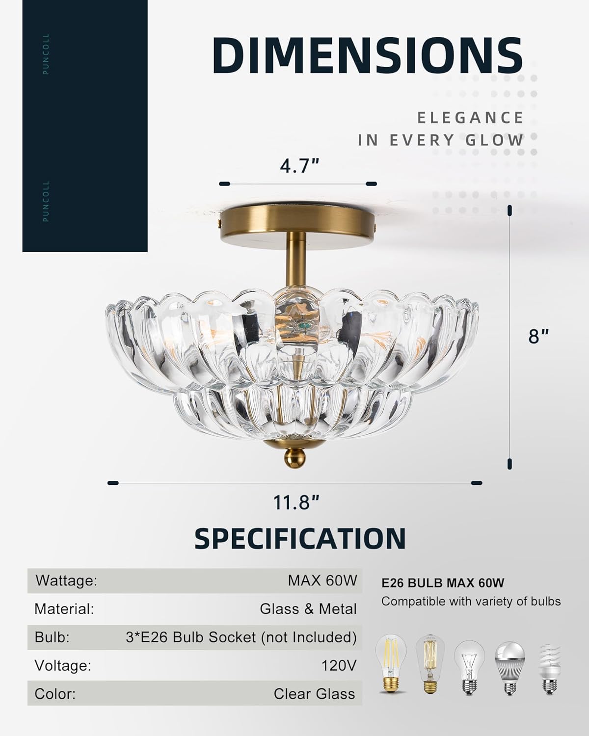 Semi Flush Mount Ceiling Light - Clear Glass Close to Ceiling Light Fixtures - Vintage Ceiling Lights for Hallway Living Room Kitchen Bedroom, C2513-CL