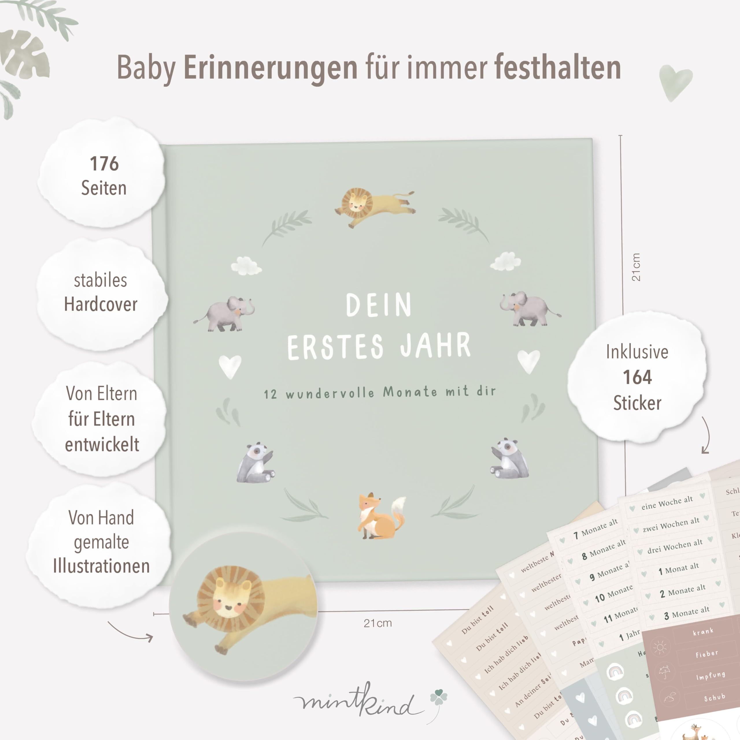 mintkind® Mein erstes Jahr Babyalbum Salbei – sanftes Babytagebuch mit 176 Seiten und Sticker-Set für ruhige Erinnerungen im ersten Lebensjahr, hochwertiges Hardcover 21 x 21 cm