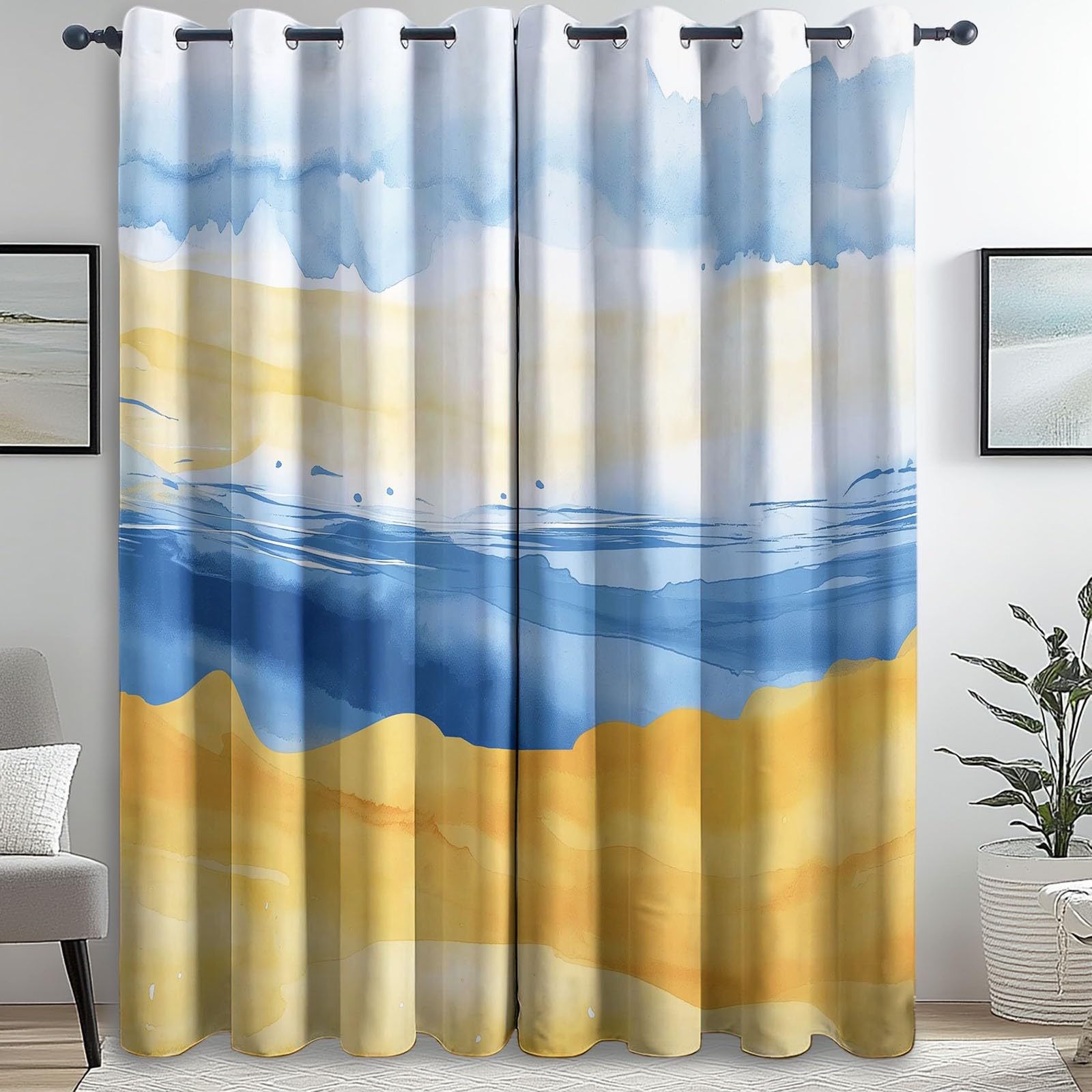 Rideau Occultant Abstrait Paysage Nuages Rideau Thermique Isolant Anti Froid et Chaleur, Rideau Occultant Thermiques à Oeillets Chambre Salon Jaune Bleu 140L X 250H cm (2 Panneaux)